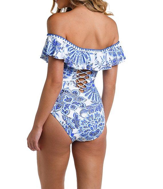 La Blanca Beyond The Pacific Printed Off-the-Shoulder Ruffle One Piece Swimsuit Product Image