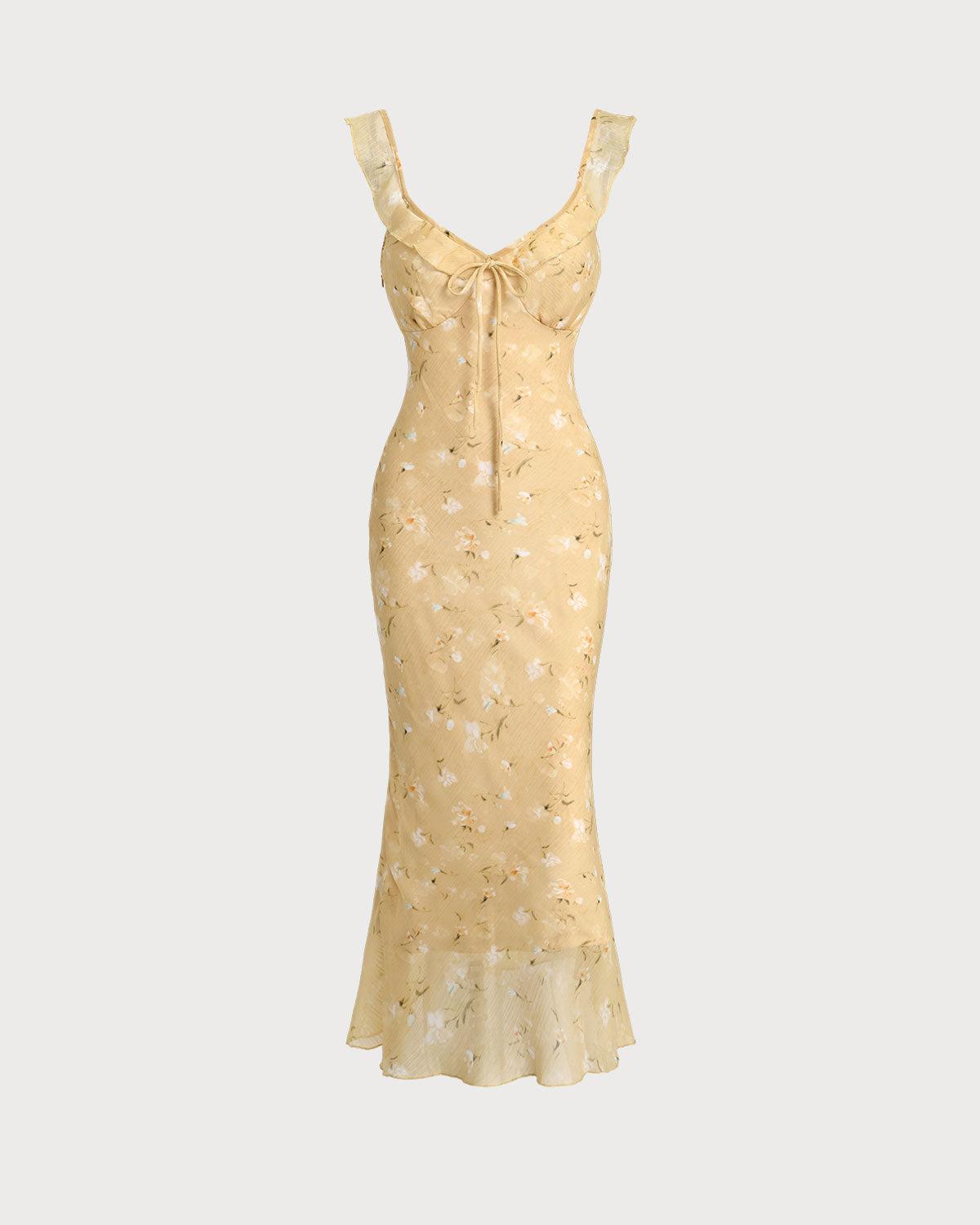 Yellow Floral Ruched Ruffle Midi Dress Product Image