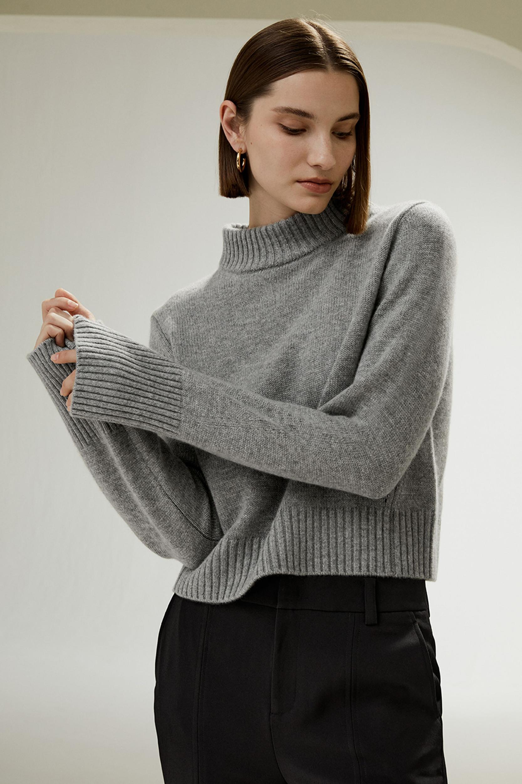 Ribbed Collar and Hemline Wool Cashmere Sweater Product Image