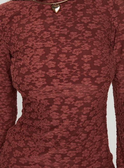 Primrosa Long Sleeve Mini Dress Burgundy Product Image