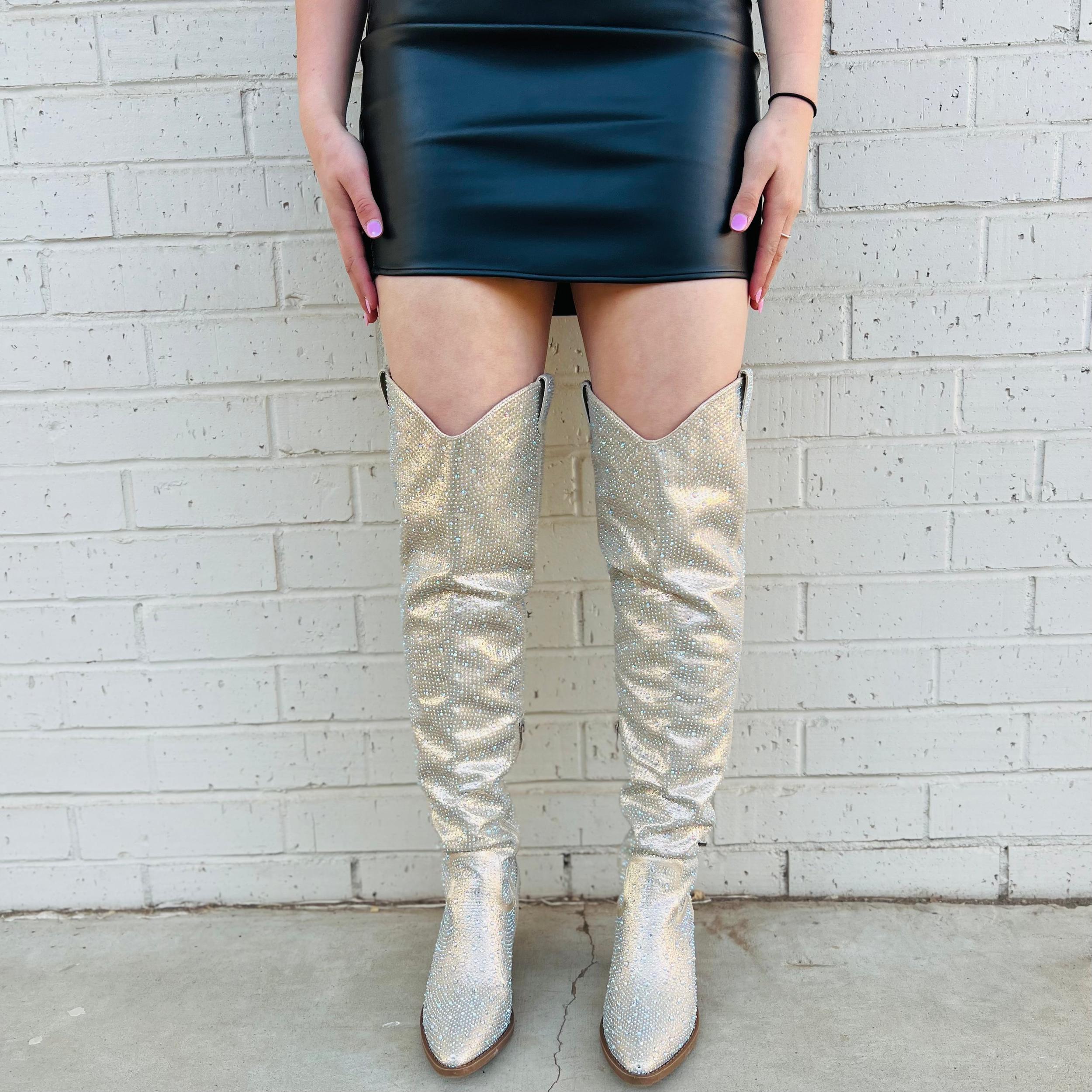 Champagne Bring Ya To Your Knees Rhinestone Boots* Product Image