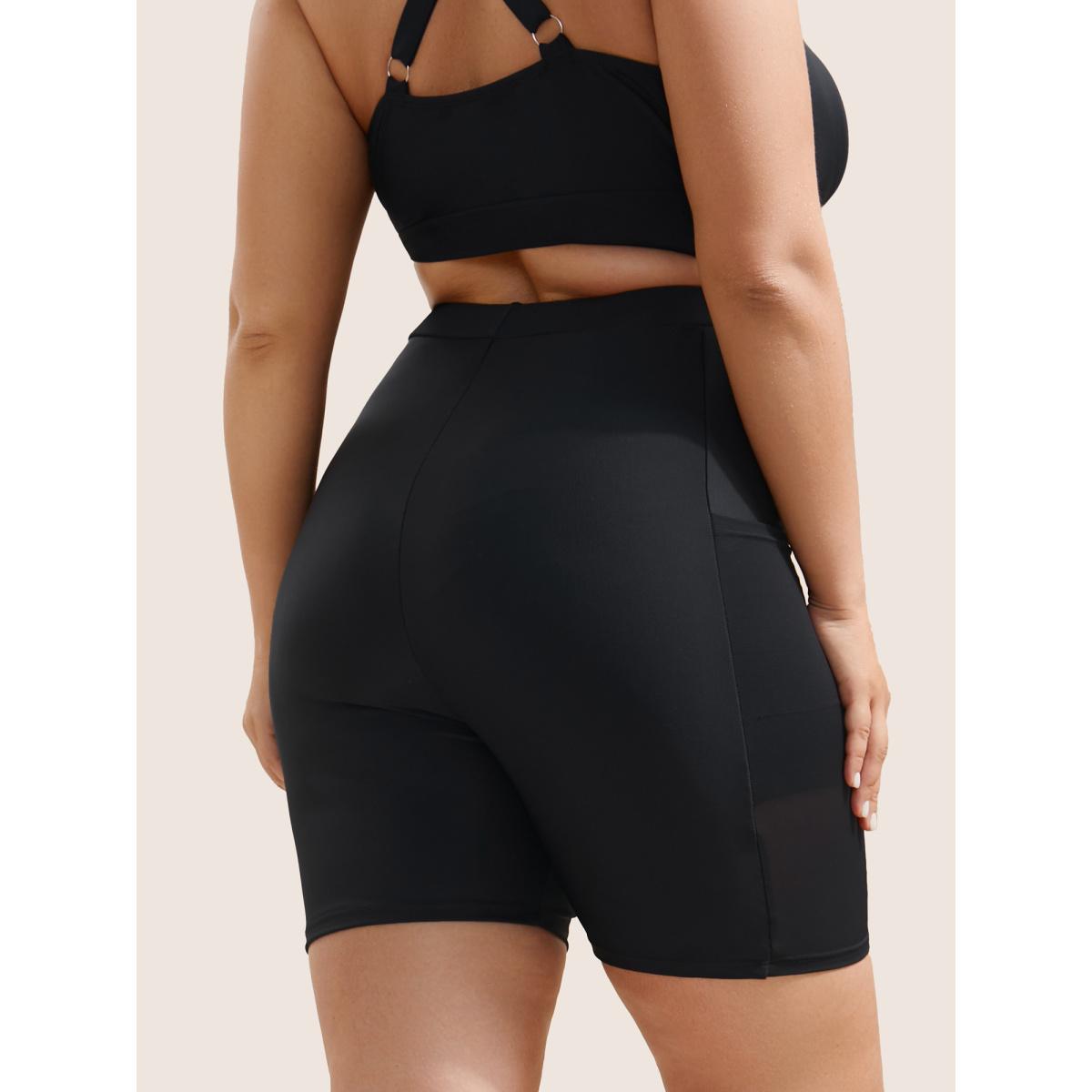 Plus Size Plain Mesh Patchwork Patched Pocket Swim Bottoms Women's Swimwear Black Resort See through High stretch Skinny High Rise Slanted pocket Curve Swim Bottoms BloomChic 22-24/3X Product Image