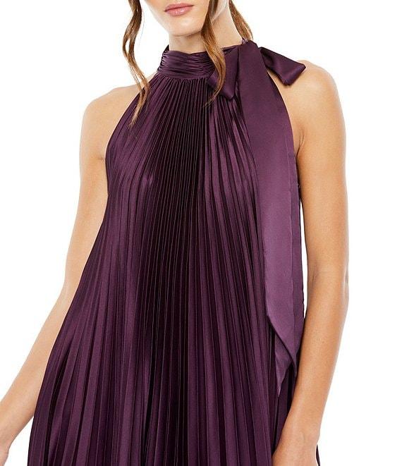 Mac Duggal Satin Pleated Halter Neck Sleeveless High-Low Hem Caftan Gown Product Image