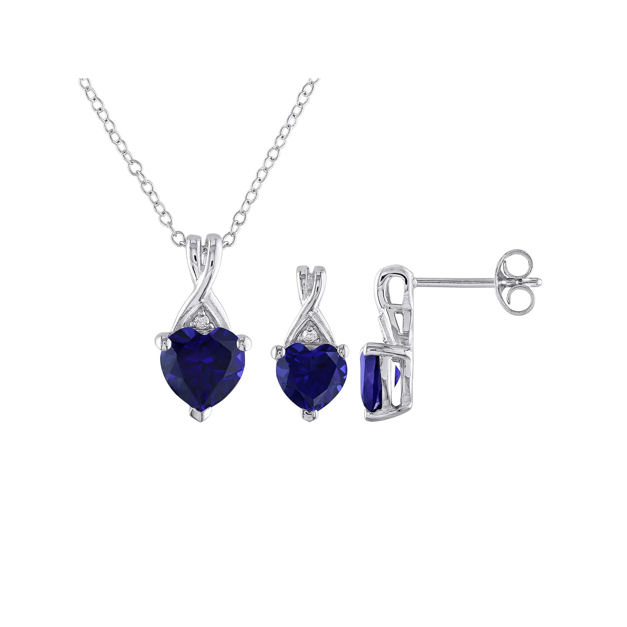 Stella Grace Sterling Silver Lab-Created Blue Sapphire & Diamond Accent Heart Pendant Necklace & Stud Earring Set, Women's Product Image