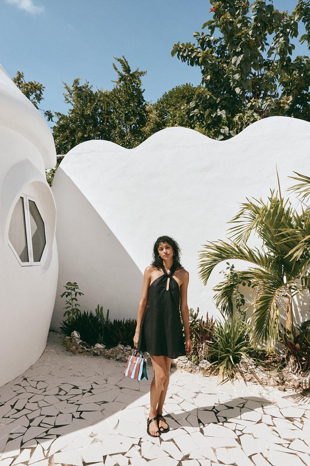 Natassia Linen Halter Mini Dress Black Product Image