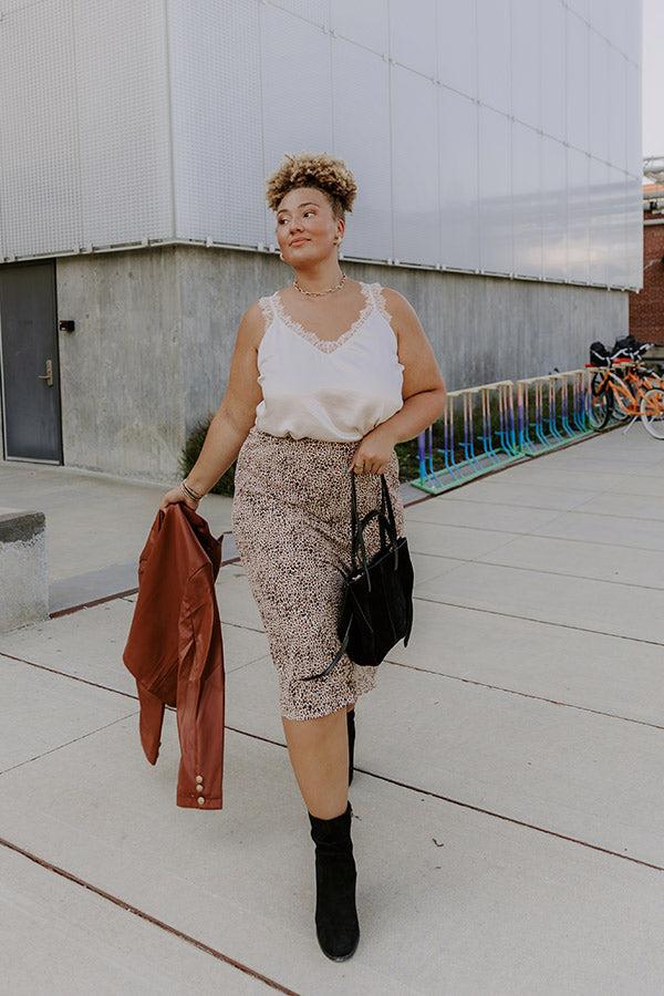 The Caitlyn High Waist Leopard Midi Skirt in Brown Curves Product Image