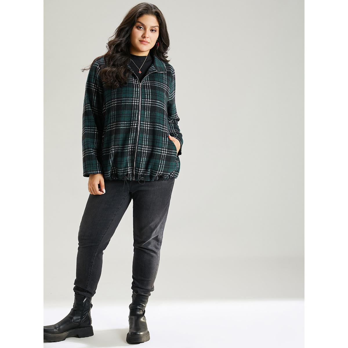 Plus Size Plaid Lapel Collar Pocket Zipper Fly Jacket Women DarkGreen Contrast Pocket Dailywear Jackets BloomChic 28/5X Product Image