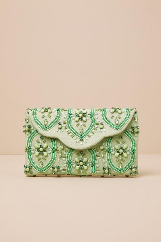 Unrivaled Aesthetic Light Green Rhinestone Beaded Clutch Product Image
