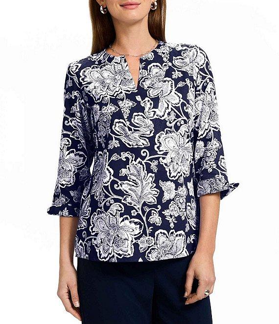 Foxcroft Vena Wrinkle-Free Floral Cotton Sateen Split V-Neck 3/4 Sleeve Button-Front Shirt Product Image