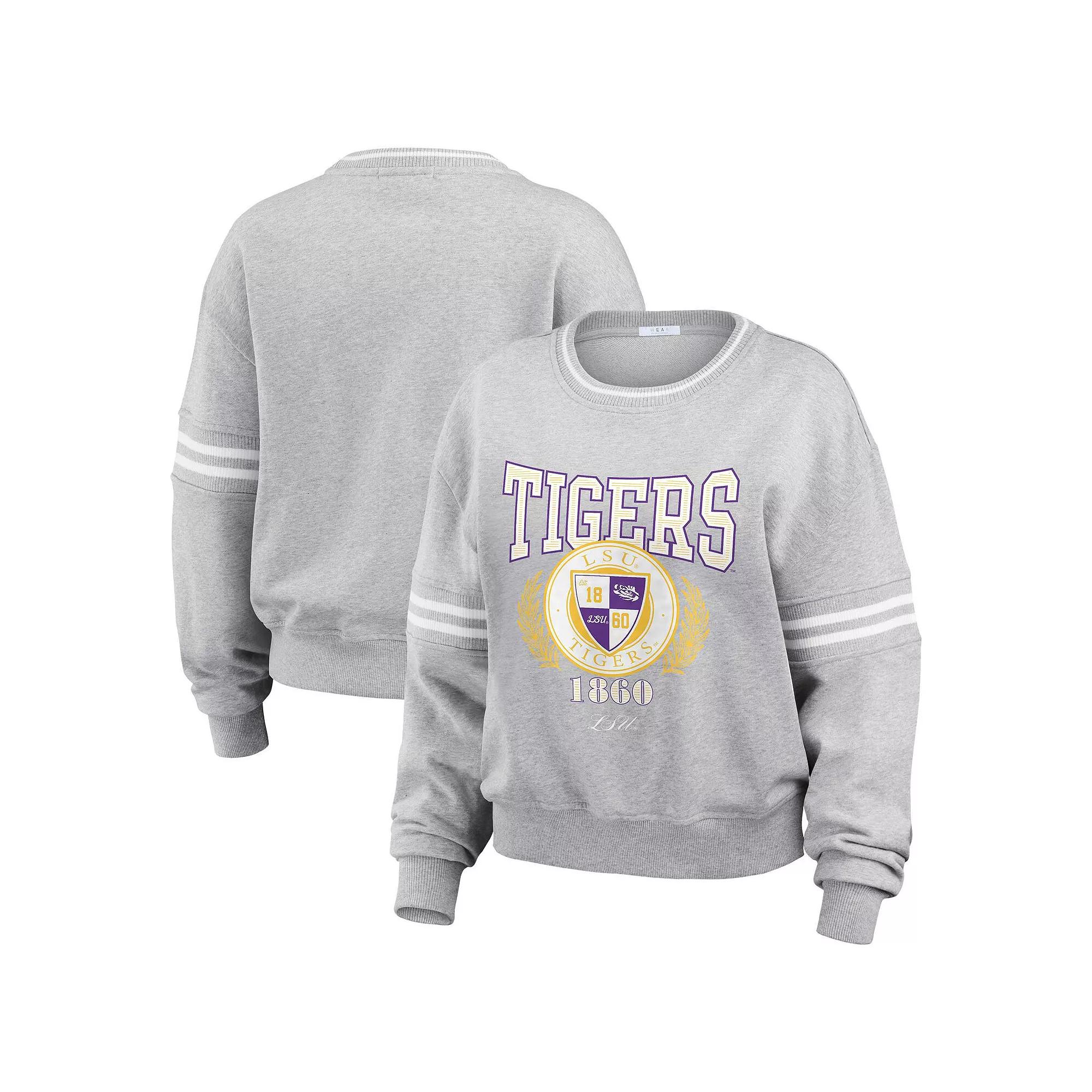 Women's WEAR by Erin Andrews Heather Gray LSU Tigers Classic Stripe Pullover Sweater,  Product Image