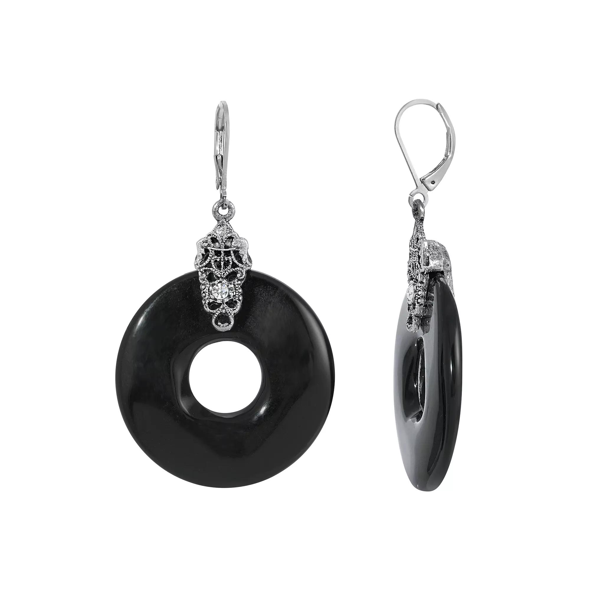 1928 Silver Tone Black Open Circle Drop Earrings, Womens Product Image