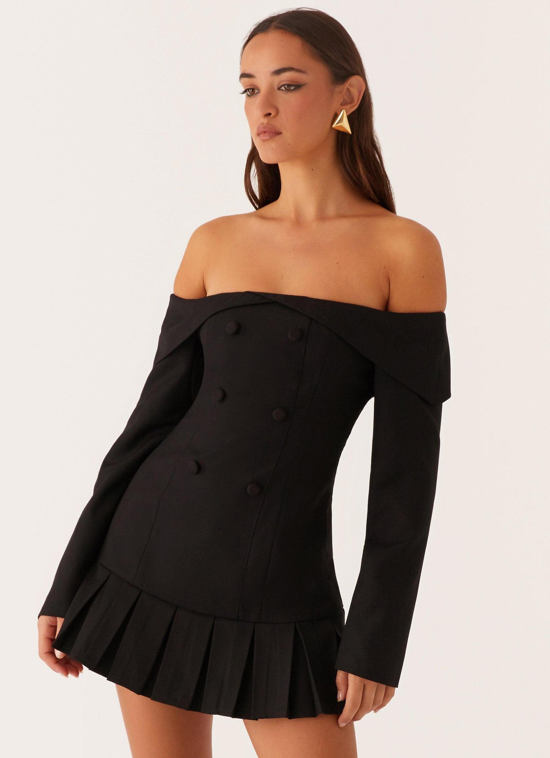 Tarlisha Off Shoulder Long Sleeve Mini Dress - Black Product Image