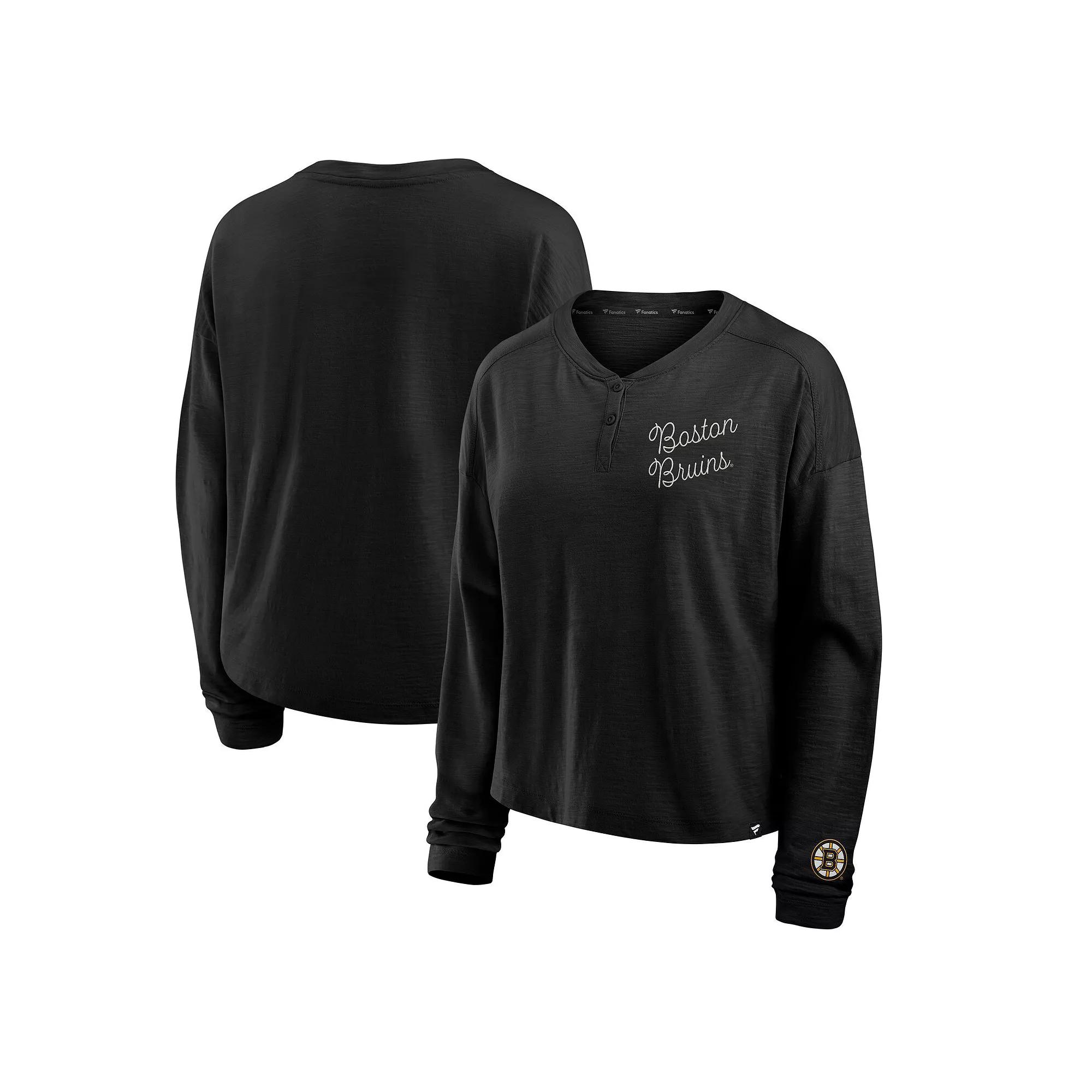 Women's Fanatics Black Boston Bruins Oversized All Out Effort Long Sleeve Henley T-Shirt, Size: Large Product Image