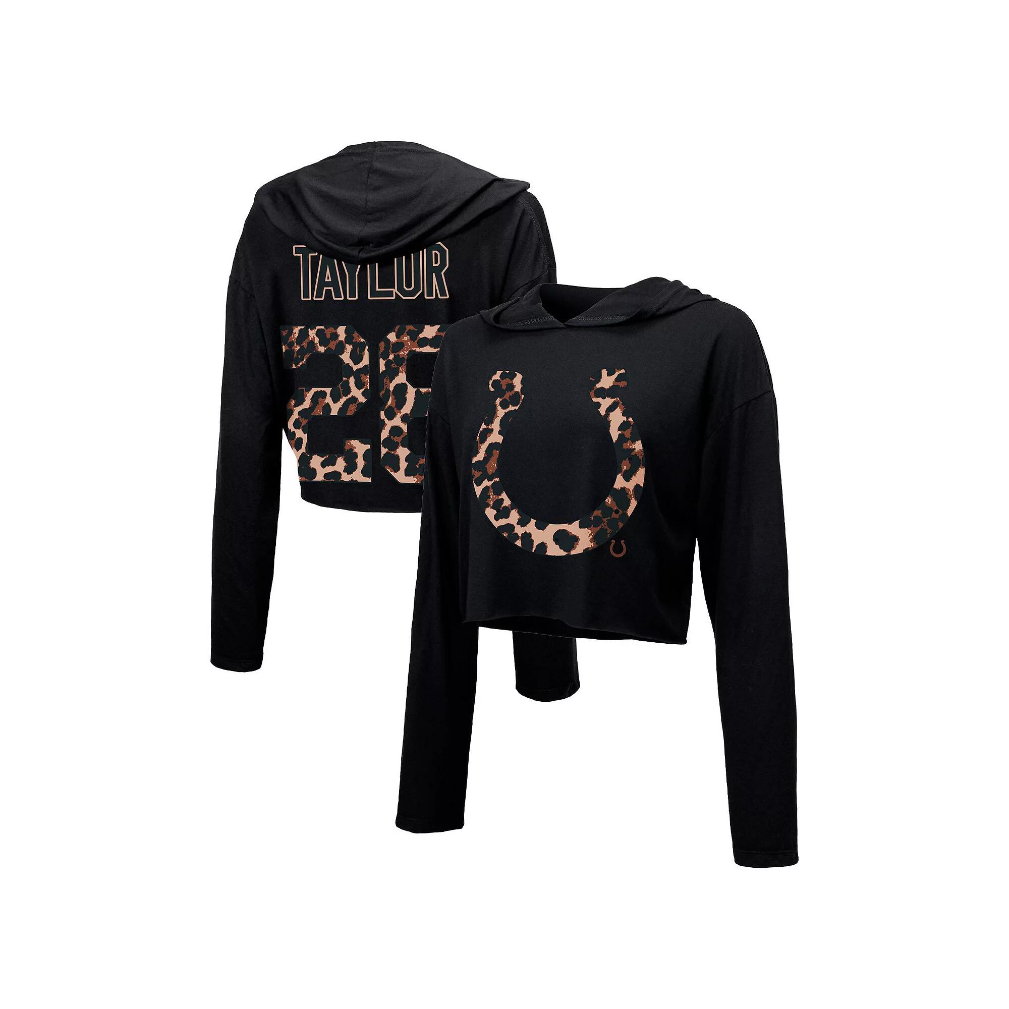 Women's Majestic Threads Jonathan Taylor Black Indianapolis Colts Leopard Player Name & Number Long Sleeve Cropped Hoodie, Size: XL Product Image