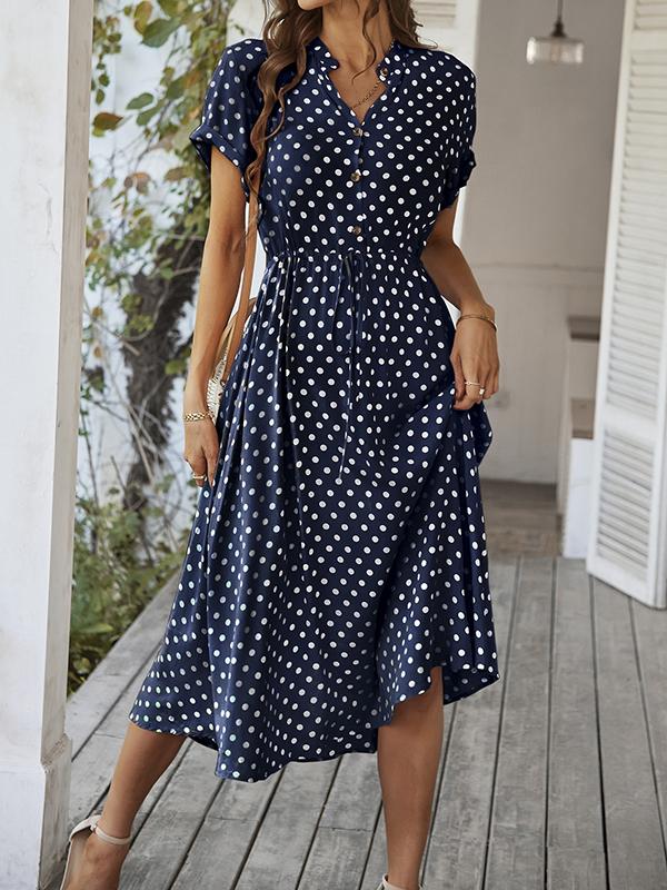 A-Line High Waisted Buttoned Drawstring Polka-Dot V-Neck Midi Dresses Product Image