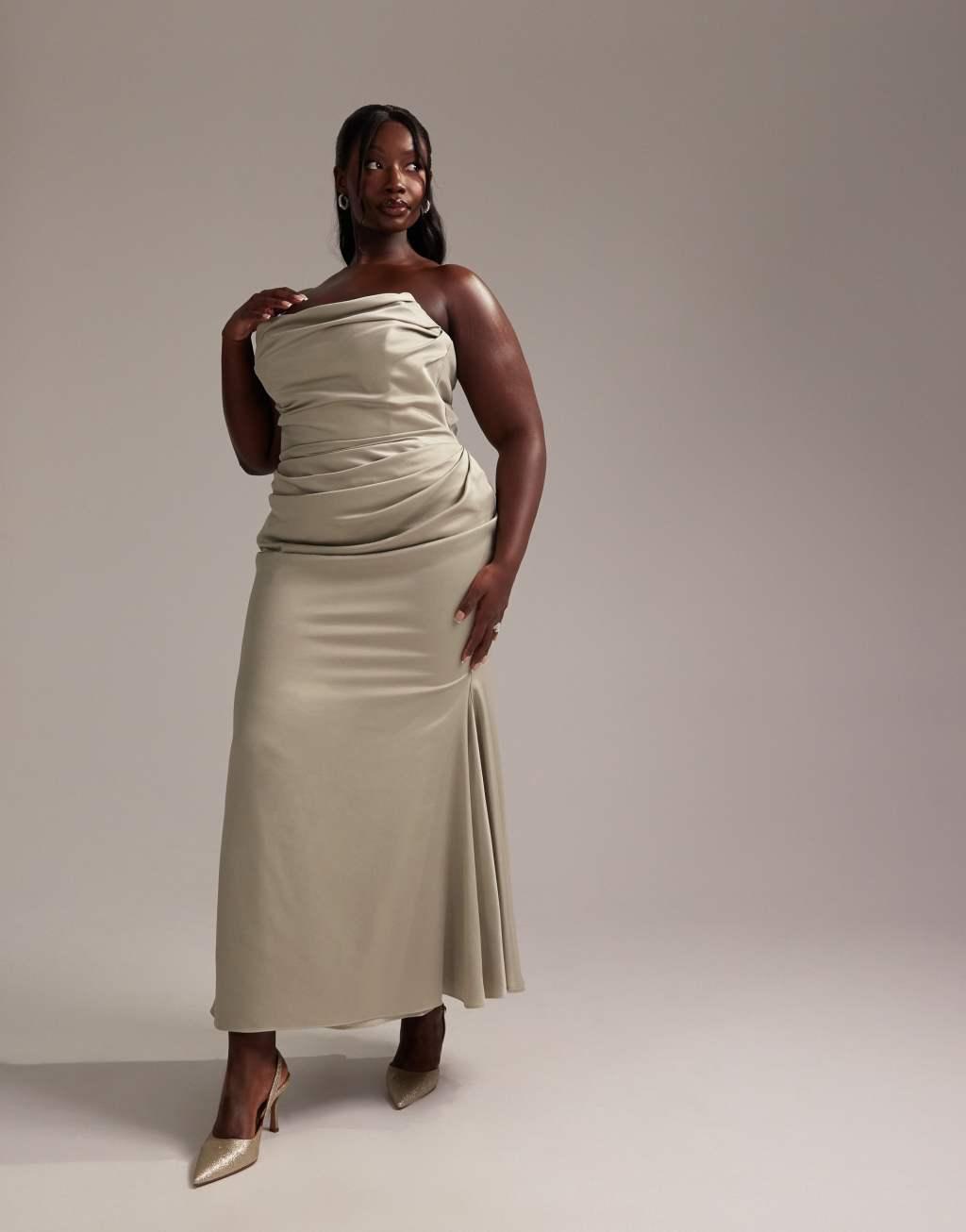 ASOS DESIGN Curve satin bandeau bridesmaid maxi dress in light green Product Image