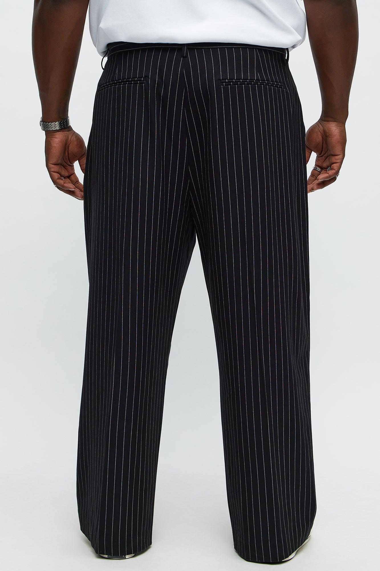 Wide Leg Straight Striped Trousers - Black Product Image
