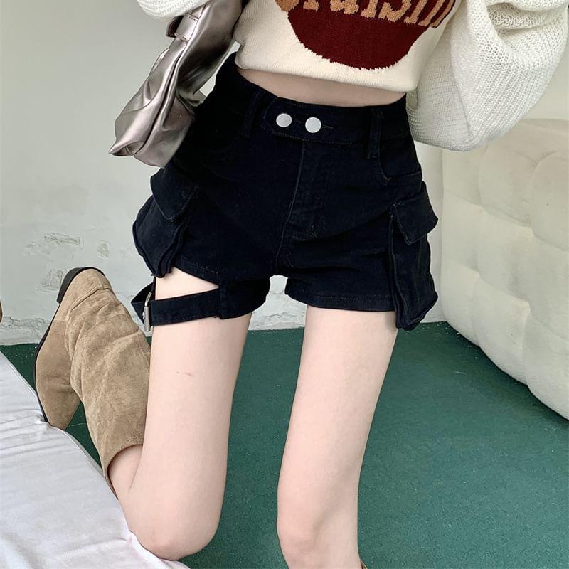 High Waist Plain Cutout Buckled Denim Wide Leg Cargo Shorts Product Image