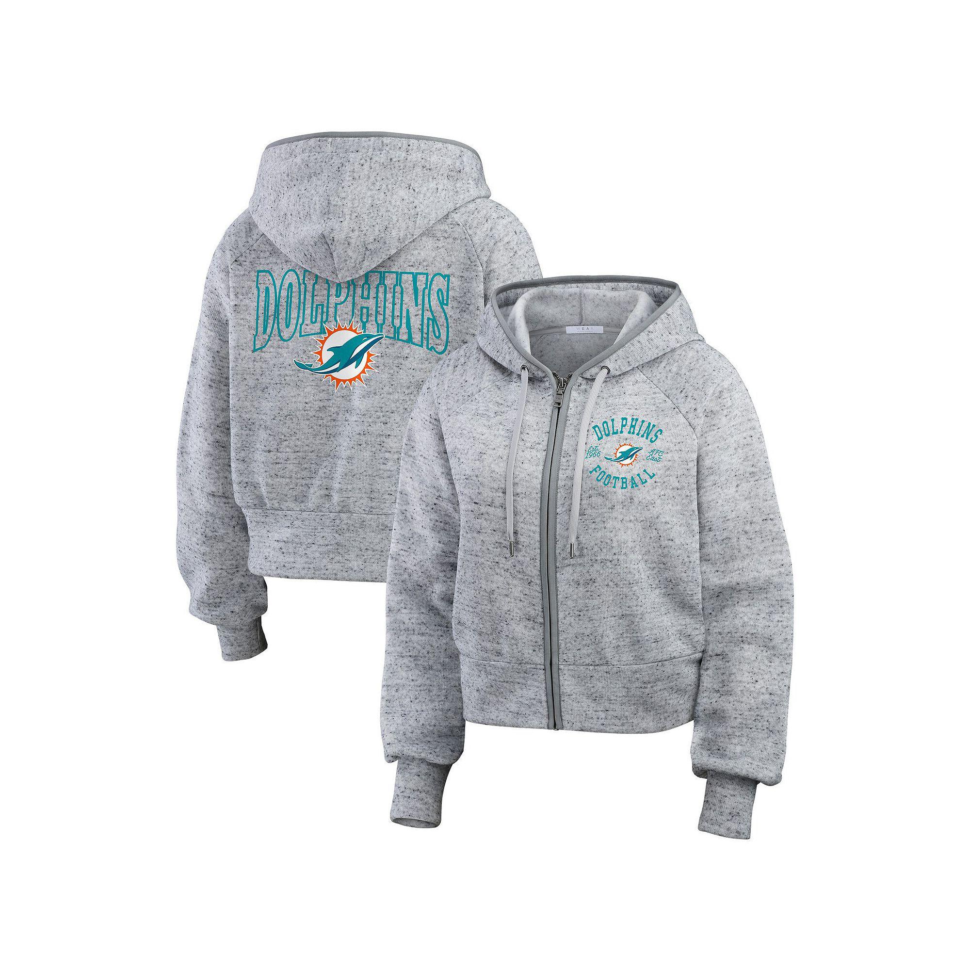 Women's WEAR by Erin Andrews Heather Gray Miami Dolphins Speckled Fleece Cropped Full-Zip Hoodie,  Product Image