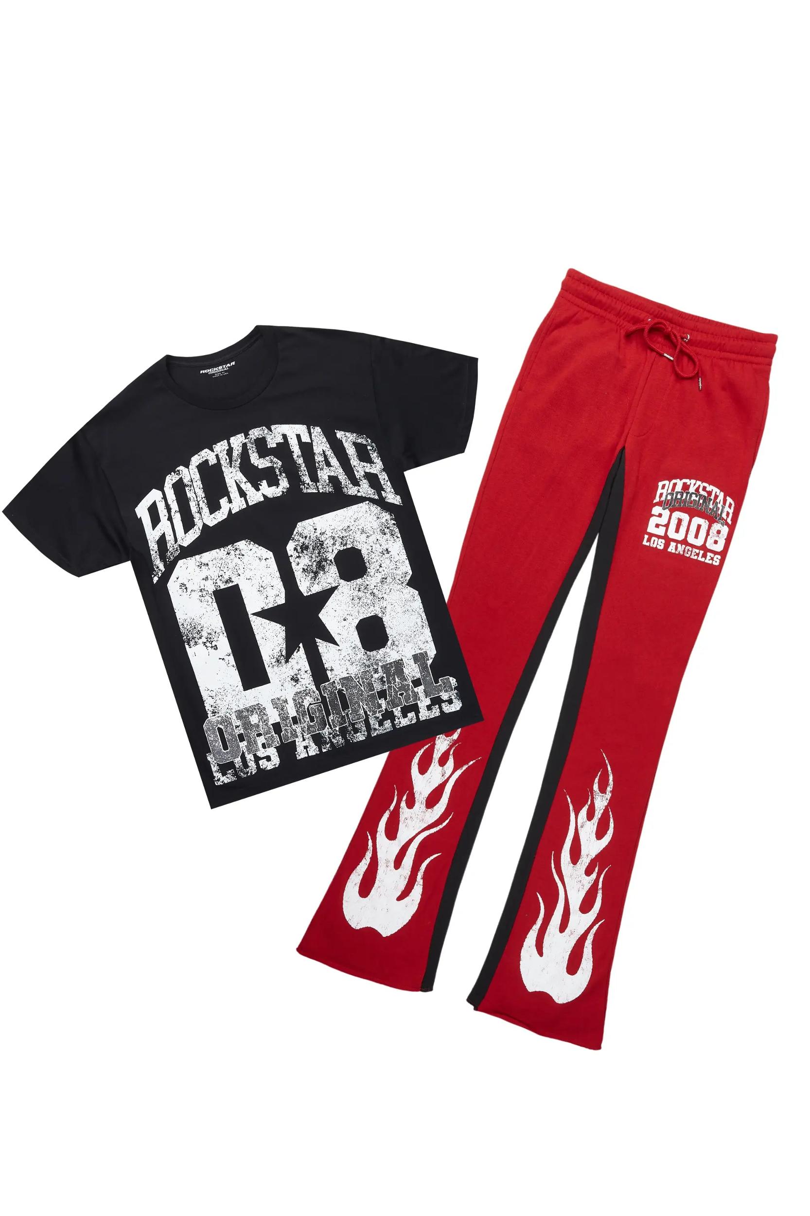 Edel Black/Burgundy T-Shirt/Stacked Baggy Track Pant Set Male Product Image