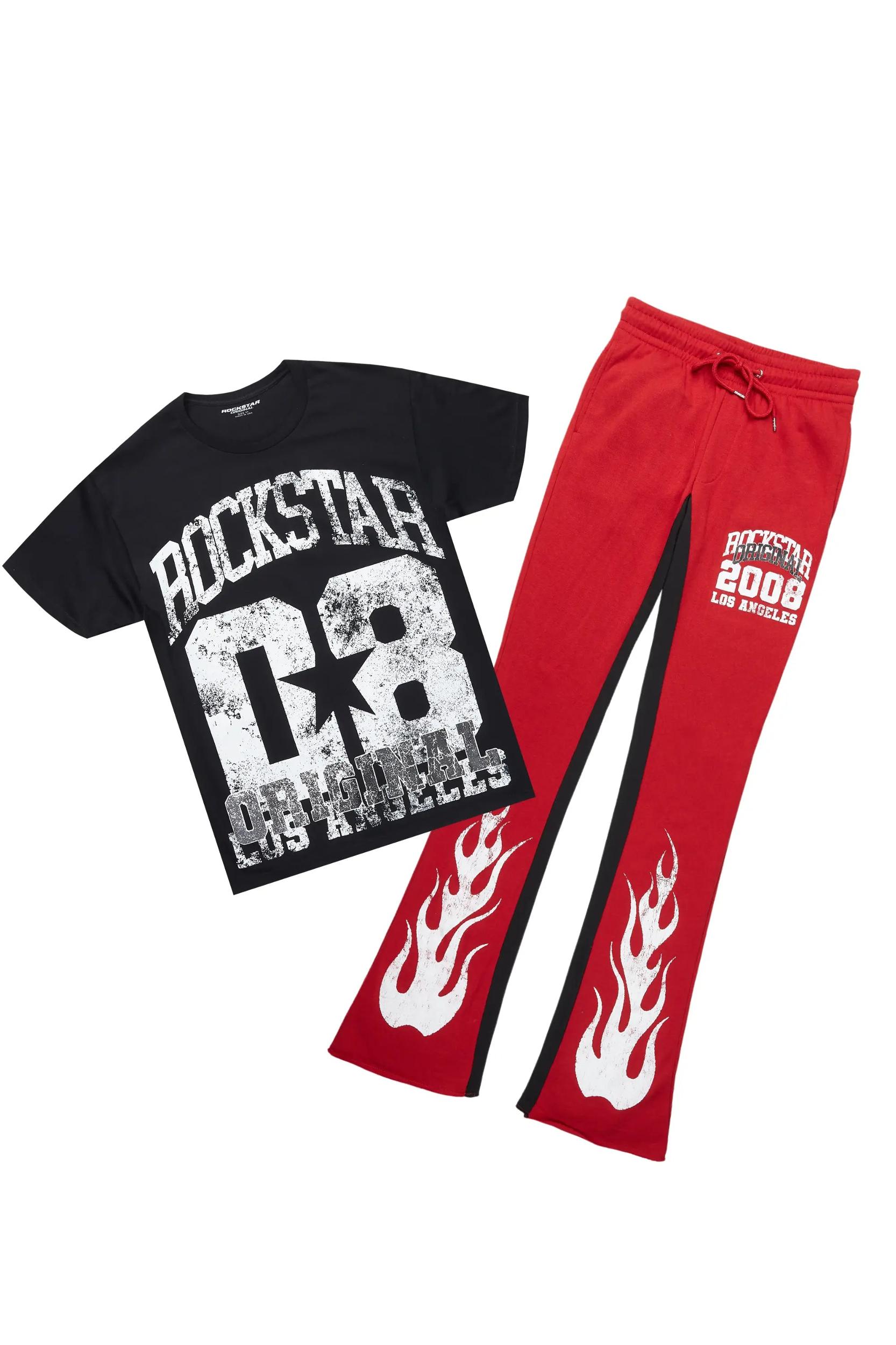 Edel Black/Burgundy T-Shirt/Stacked Baggy Track Pant Set Male Product Image
