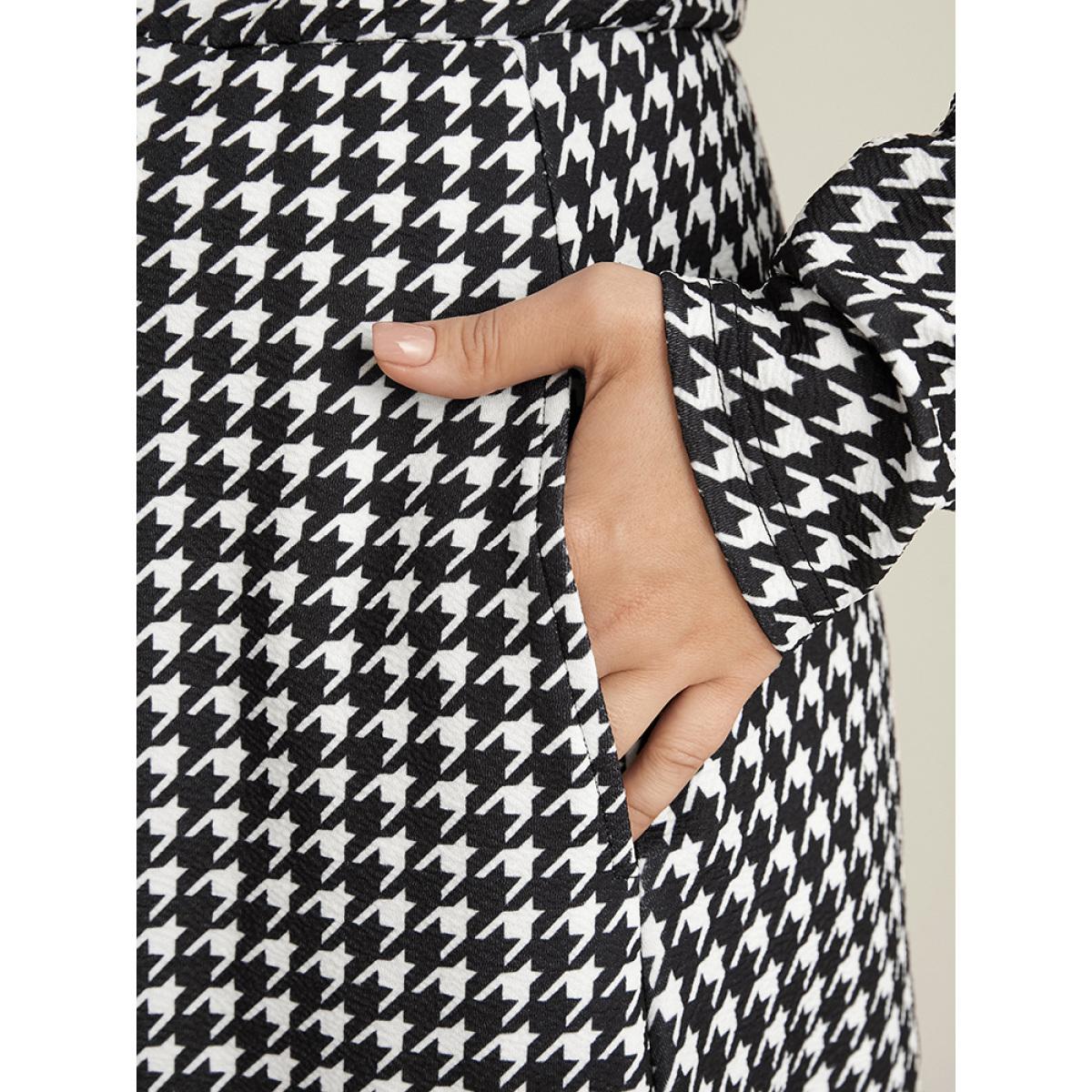 Plus Size Contrast Trim Suit Collar Pocket Ruffle Hem Houndstooth Dress Black Women Office Patchwork Suit Collar Long Sleeve Curvy Midi Dress BloomChic 14-16/1X Product Image