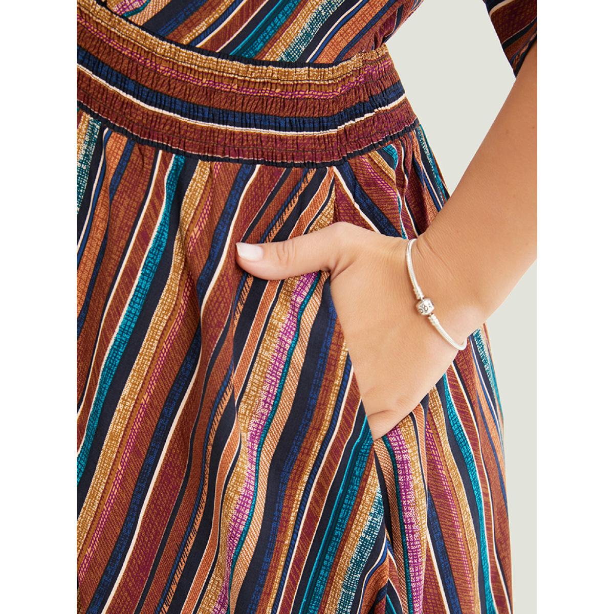 Plus Size DarkBrown Striped Contrast Shirred Wrap High Low Hem Pocket Blouse Women Vacation Short sleeve V-neck Vacation Blouses BloomChic 30/6X Product Image