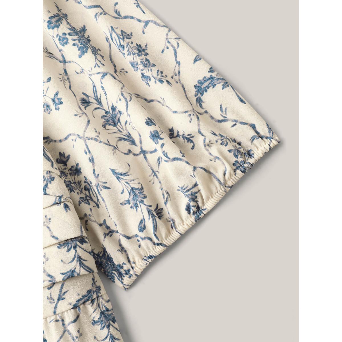 Plus Size Beige Floral Pleated Bodice Puffy Sleeve Blouse Women Romantic Half Sleeve Square Neck Elegant Blouses BloomChic 10/M Product Image