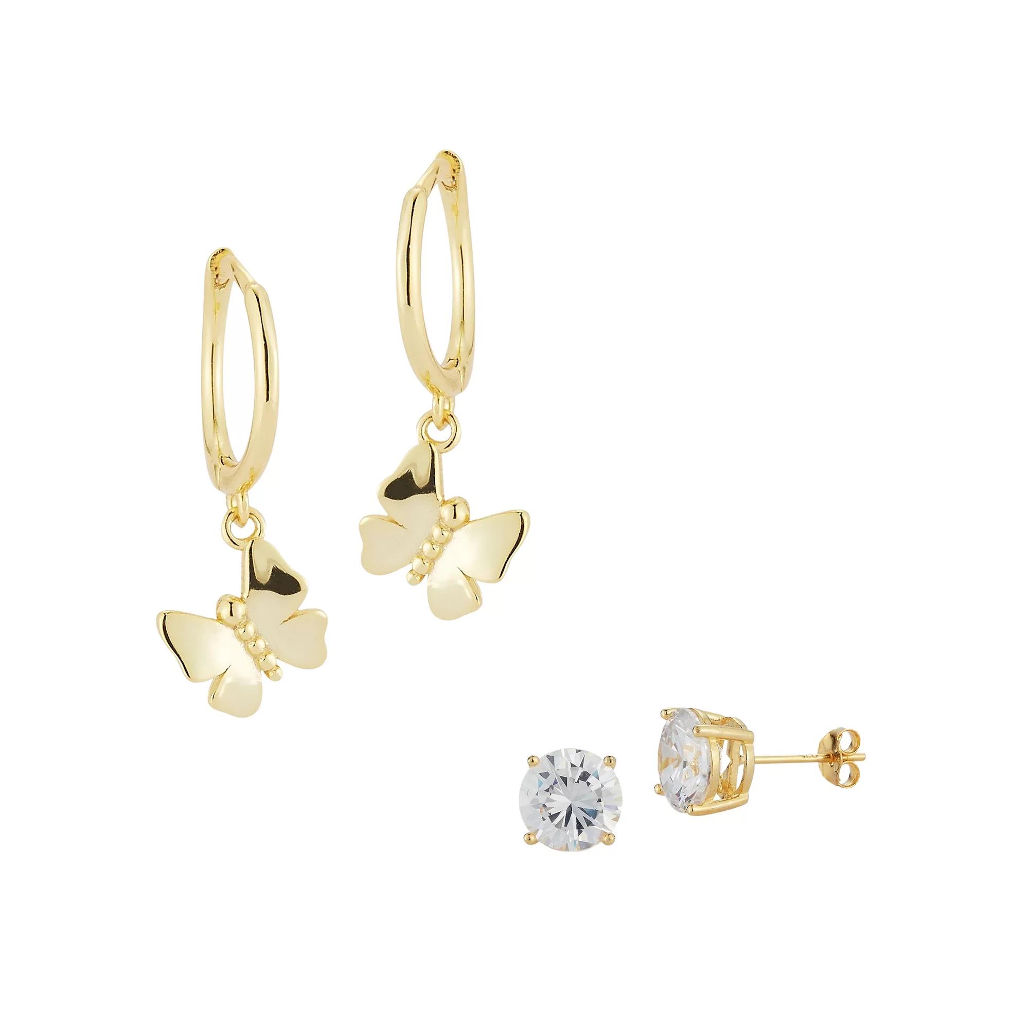 Sunkissed Sterling Butterfly & Cubic Zirconia Stud Earring Set, Women's, Gold Tone Product Image
