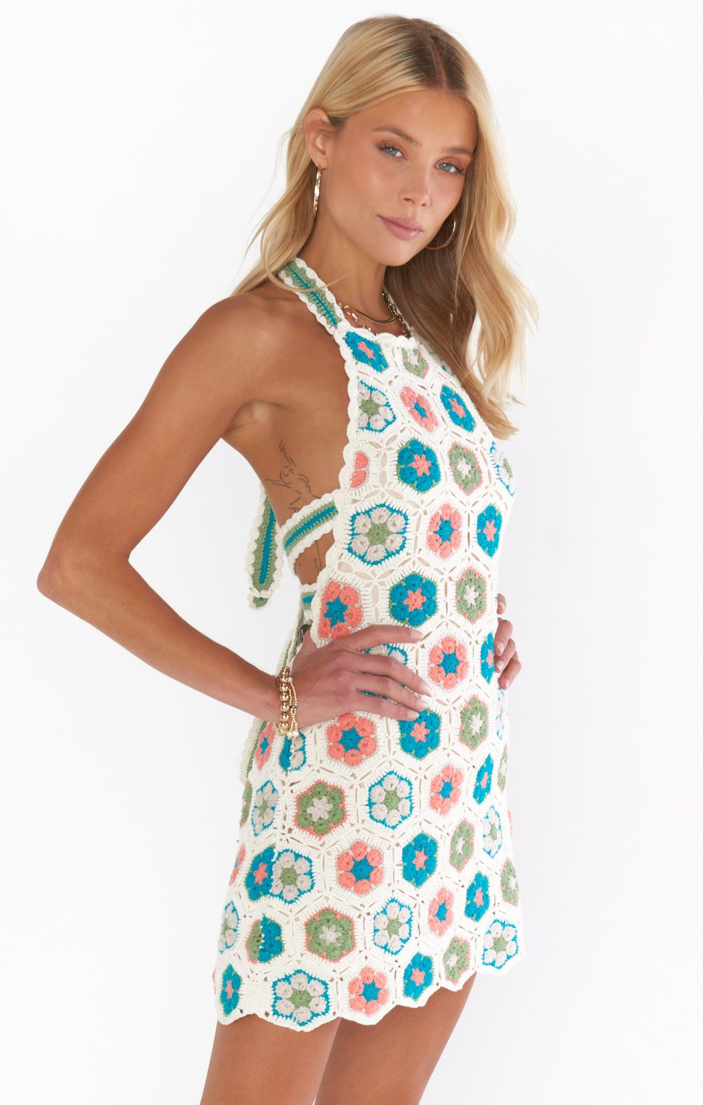 Happy Halter Mini Dress ~ 70S Multi Crochet Product Image