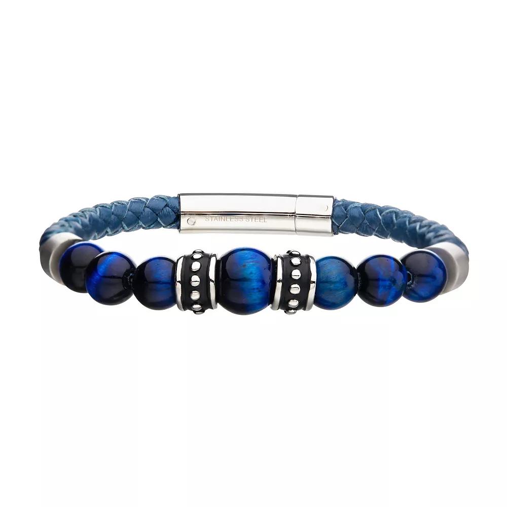 Men's Stainless Steel Blue Tiger's Eye Bead & Blue Leather Bracelet, Size: 8.25" Product Image