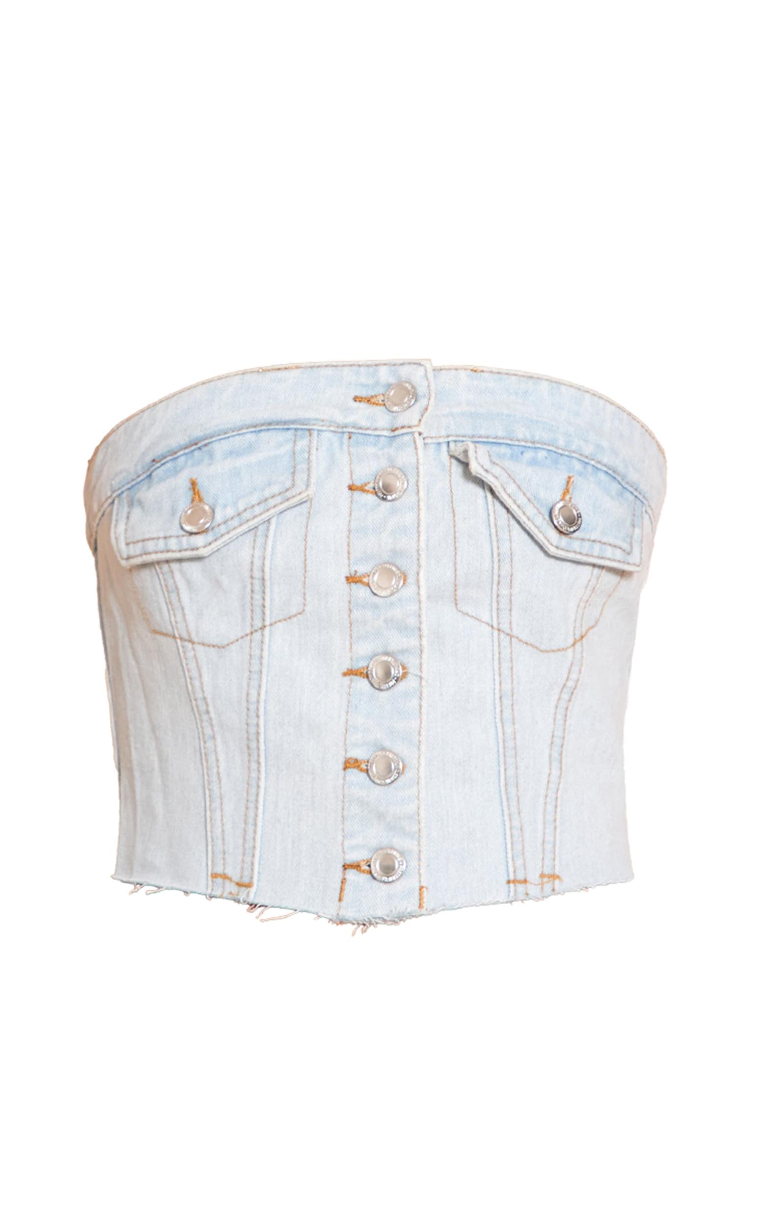 Light Blue Wash Pocket Detail Cropped Denim Corset Top Product Image