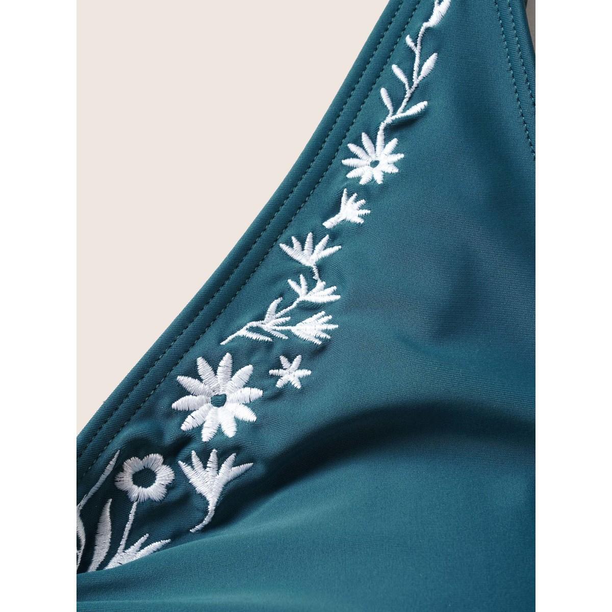 Plus Size Floral Embroidered Knot Ruched Swim Top Women's Swimwear Cyan Beach Non High stretch Skinny V-neck Curve Swim Tops BloomChic 12/L Product Image
