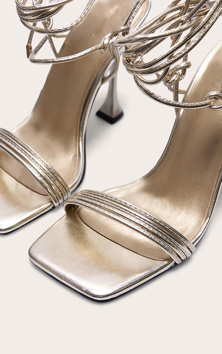 Gold Pu Square Toe Triple Strap Lace Up Mid Heeled Sandals Product Image