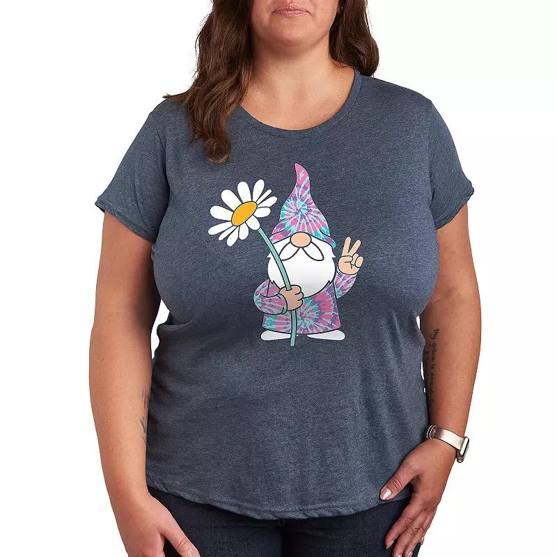 Plus Tie Dye Gnome With Daisy Graphic Tee, Womens Grey Blue Product Image