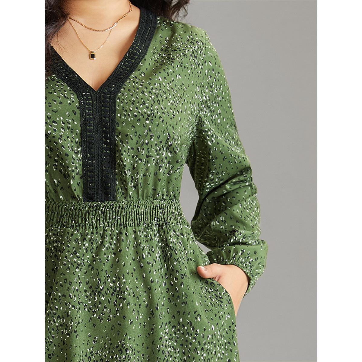 Plus Size Allover Print Shirred Pocket Contrast Trim Dress ArmyGreen Women Elegant Elastic cuffs V-neck Long Sleeve Curvy Midi Dress BloomChic 10/M Product Image