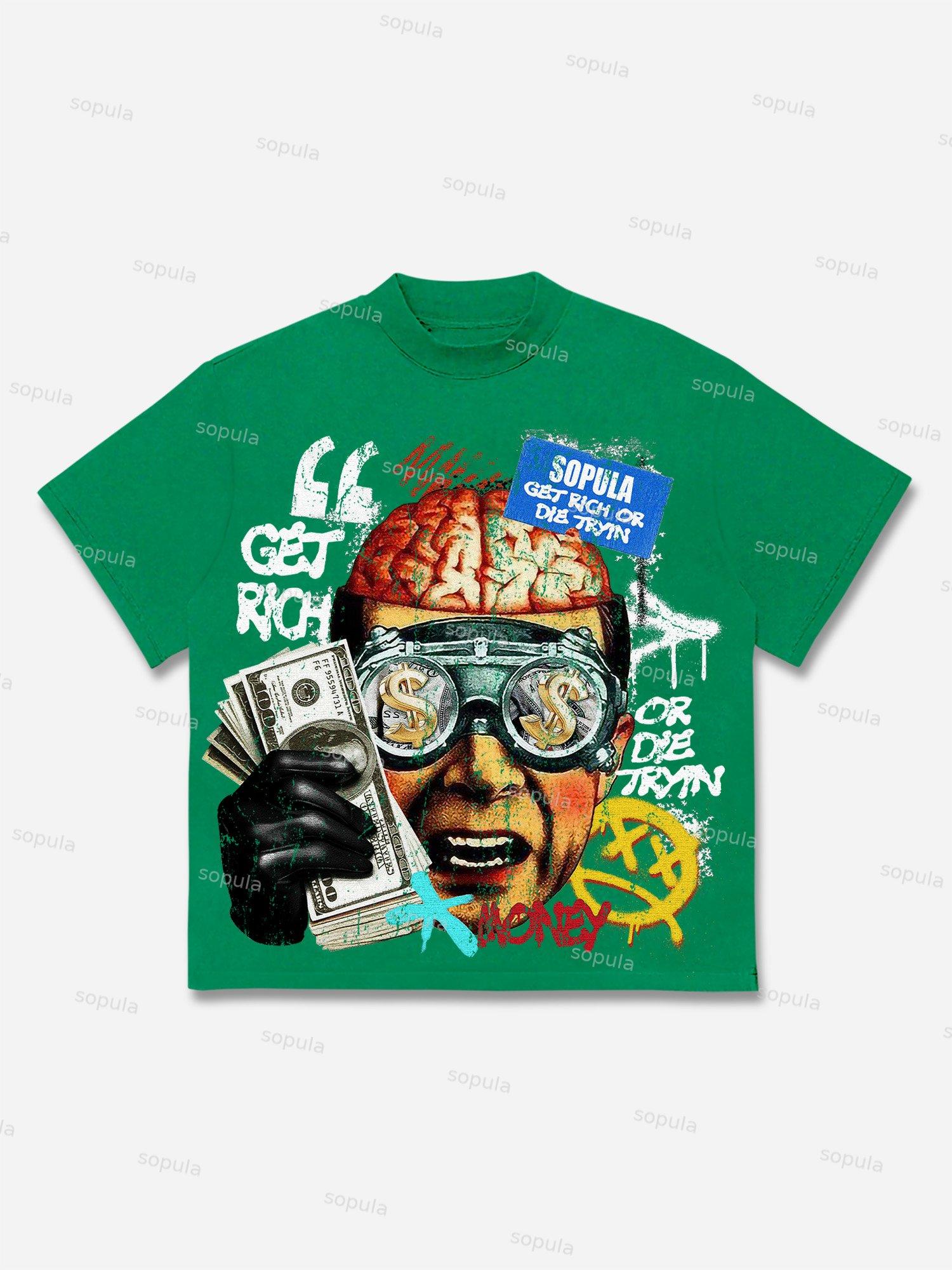 Vintage Get Rich Money Portrait Print Cotton T-shirt Product Image