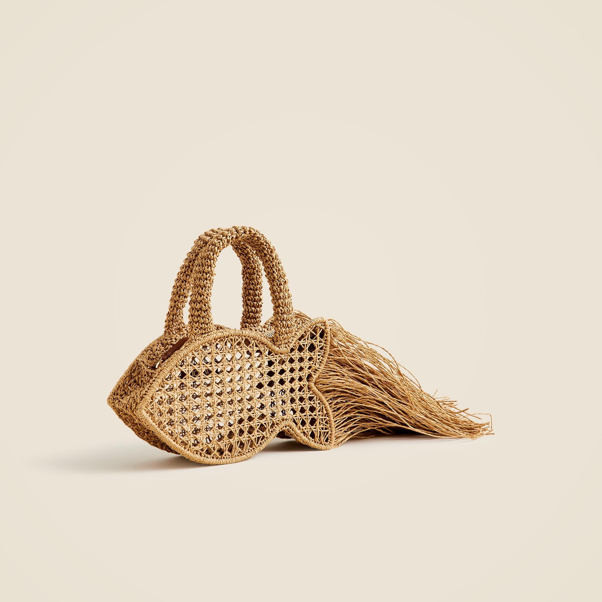 Handknotted raffia fish bag with straw fringe Product Image