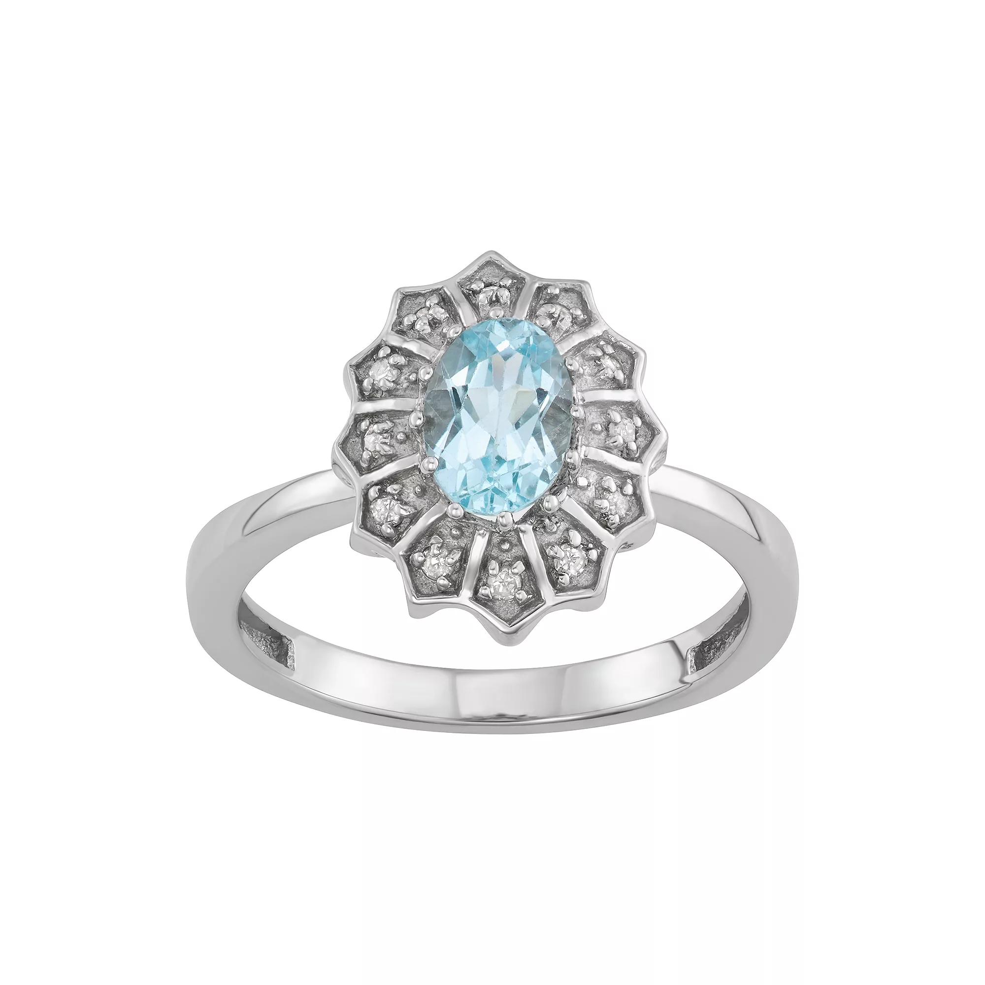 Jewelexcess 0.80 CTW Amethyst Gemstone & 1/10 CTW White Diamond Sterling Silver Ring, Women's, Size: 6, Blue Topaz Product Image