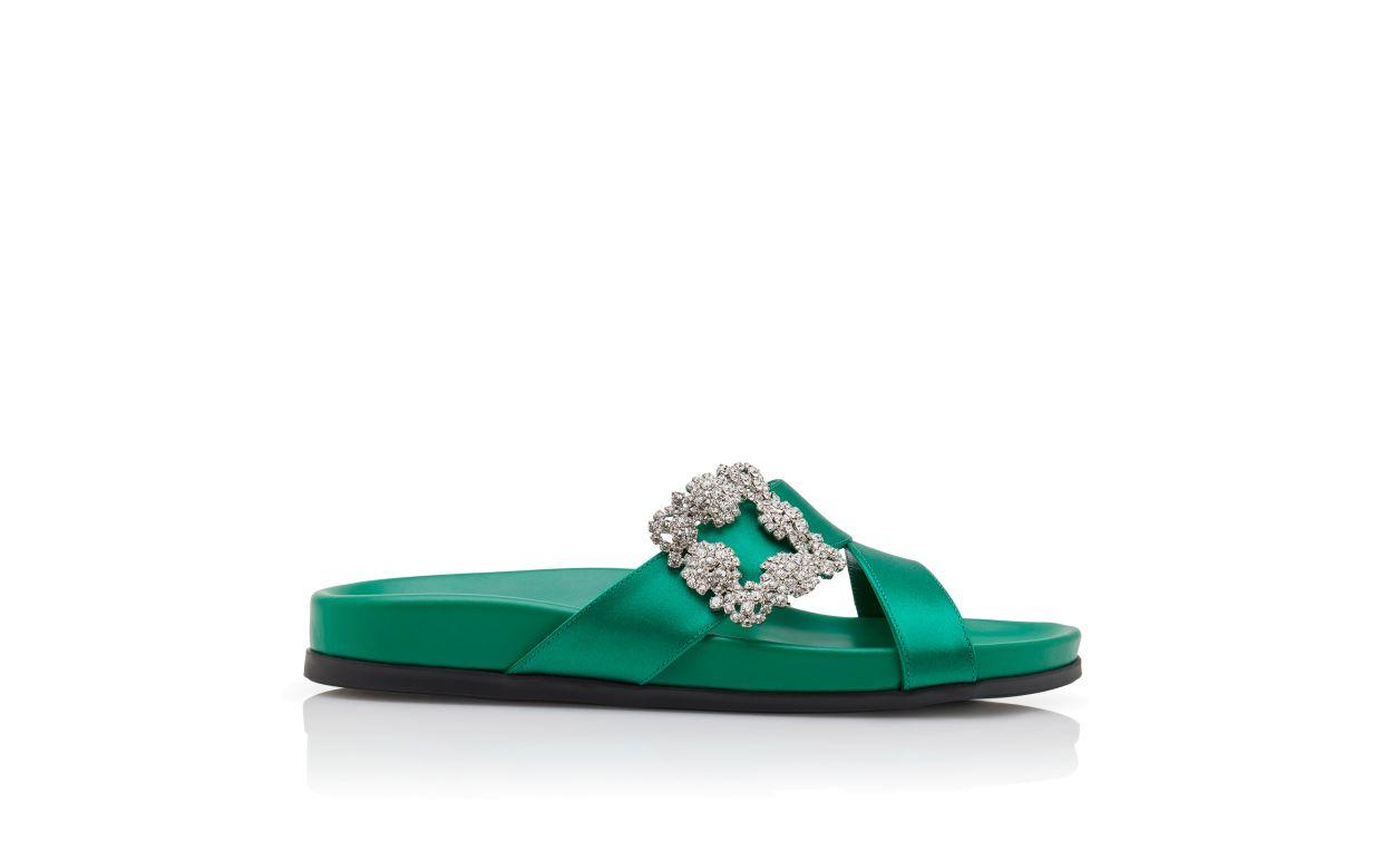 CHILANGHI Green Satin Jewel Buckle Flat Mules Product Image