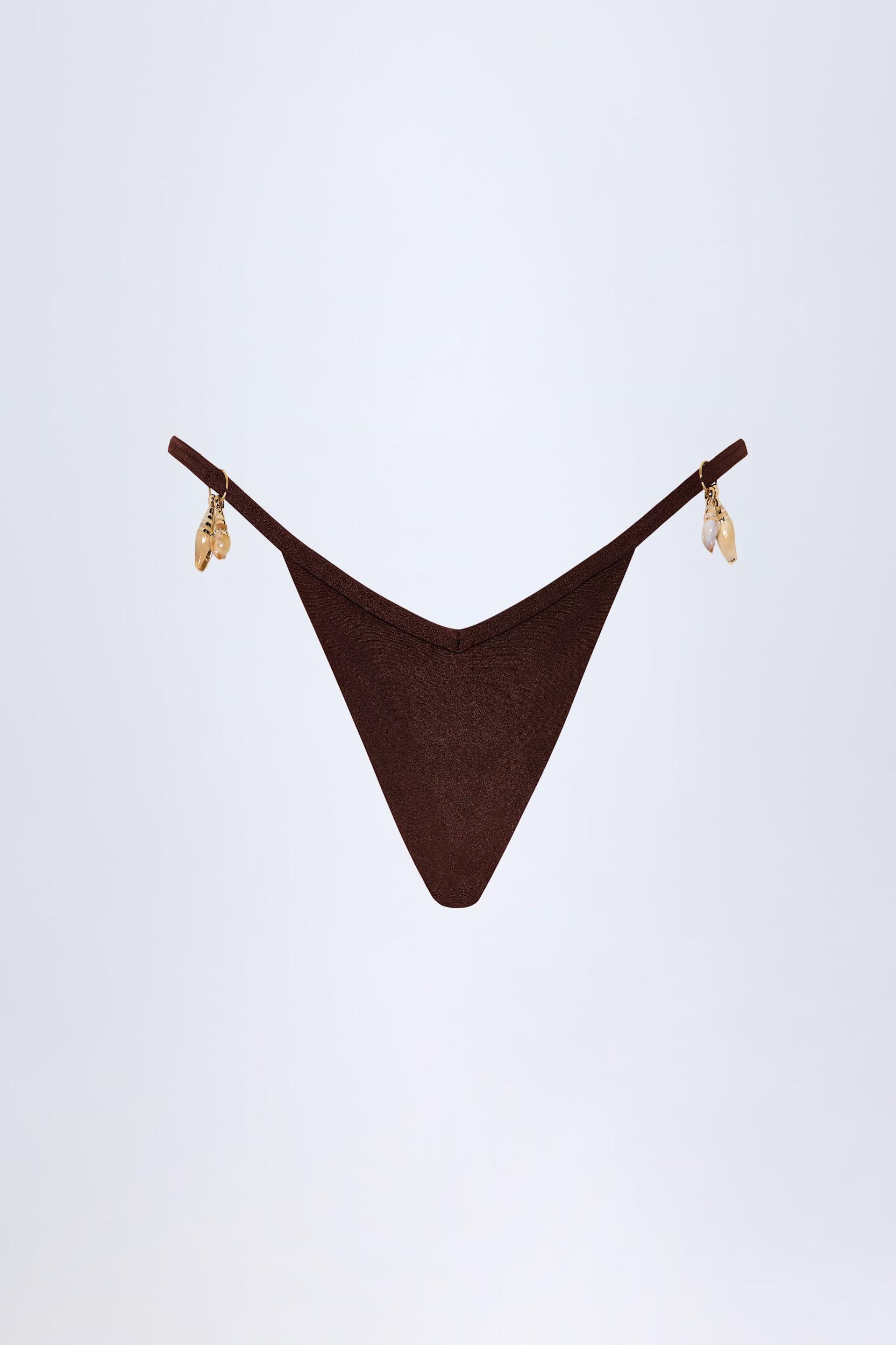 Charm-Detail Thong Bikini Bottoms in Dark Chocolate Product Image