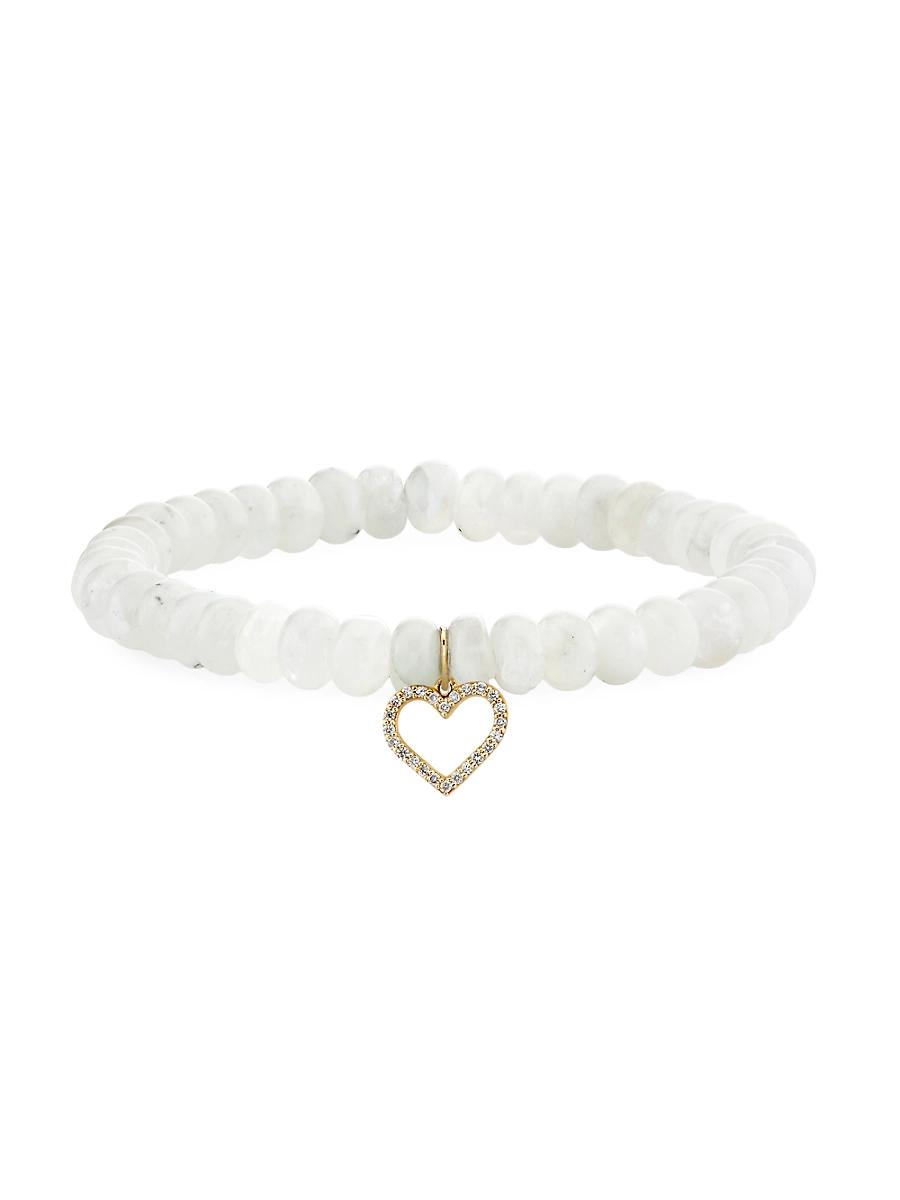 Womens 14K Gold, Diamond & Moonstone Open Heart Charm Bracelet Product Image