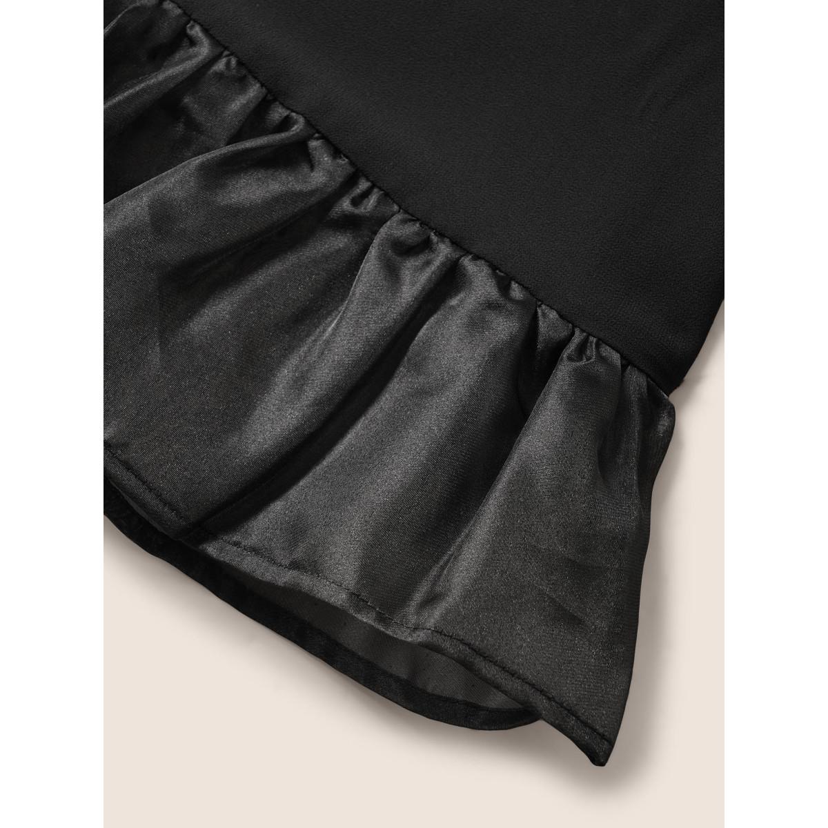 Plus Size Black V Neck Meah Patchwork Ruffle Trim Blouse Women Elegant Short sleeve V-neck Everyday Blouses BloomChic 14-16/1X Product Image