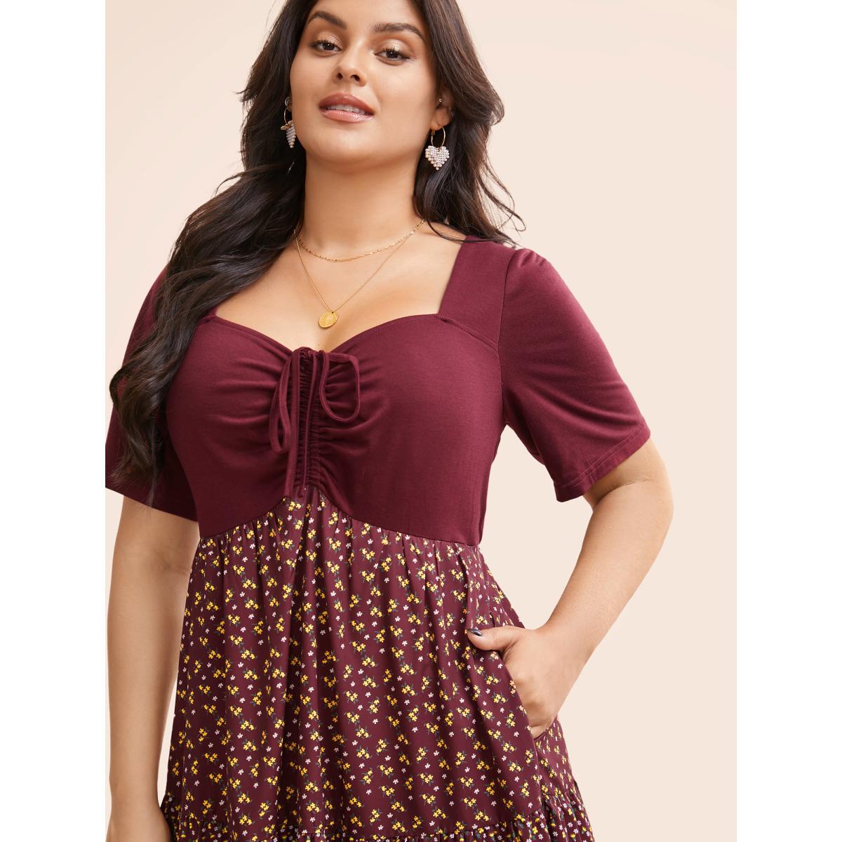 Plus Size Ditsy Floral Patchwork Ruffle Layered Hem Dress Burgundy Women Elegant Patchwork Heart neckline Short sleeve Curvy BloomChic 28/5X Product Image