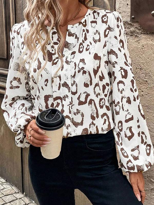 Long Sleeves Loose Contrast Color Elasticity Leopard V-Neck Blouses&Shirts Tops Product Image