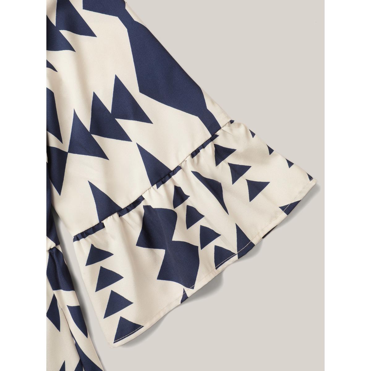 Plus Size Geometric Print Stretchy Waist Pockets Maxi Dress Beige Women Resort Ruffles Flat collar with V-notch Elbow-length sleeve Curvy BloomChic 12/L Product Image