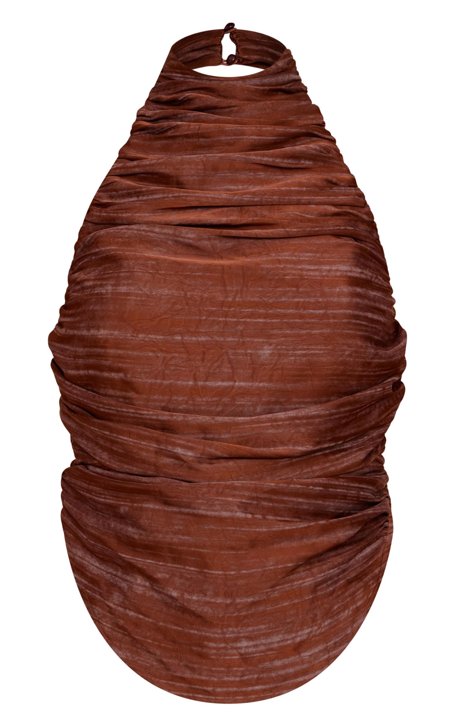 Brown Printed Satin Ruched Halterneck Top Product Image