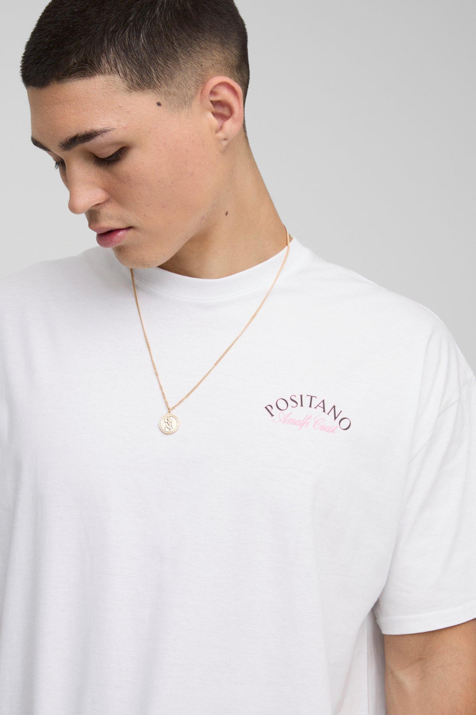 White Oversized Positano Landscape T-Shirt | boohooMAN USA Product Image