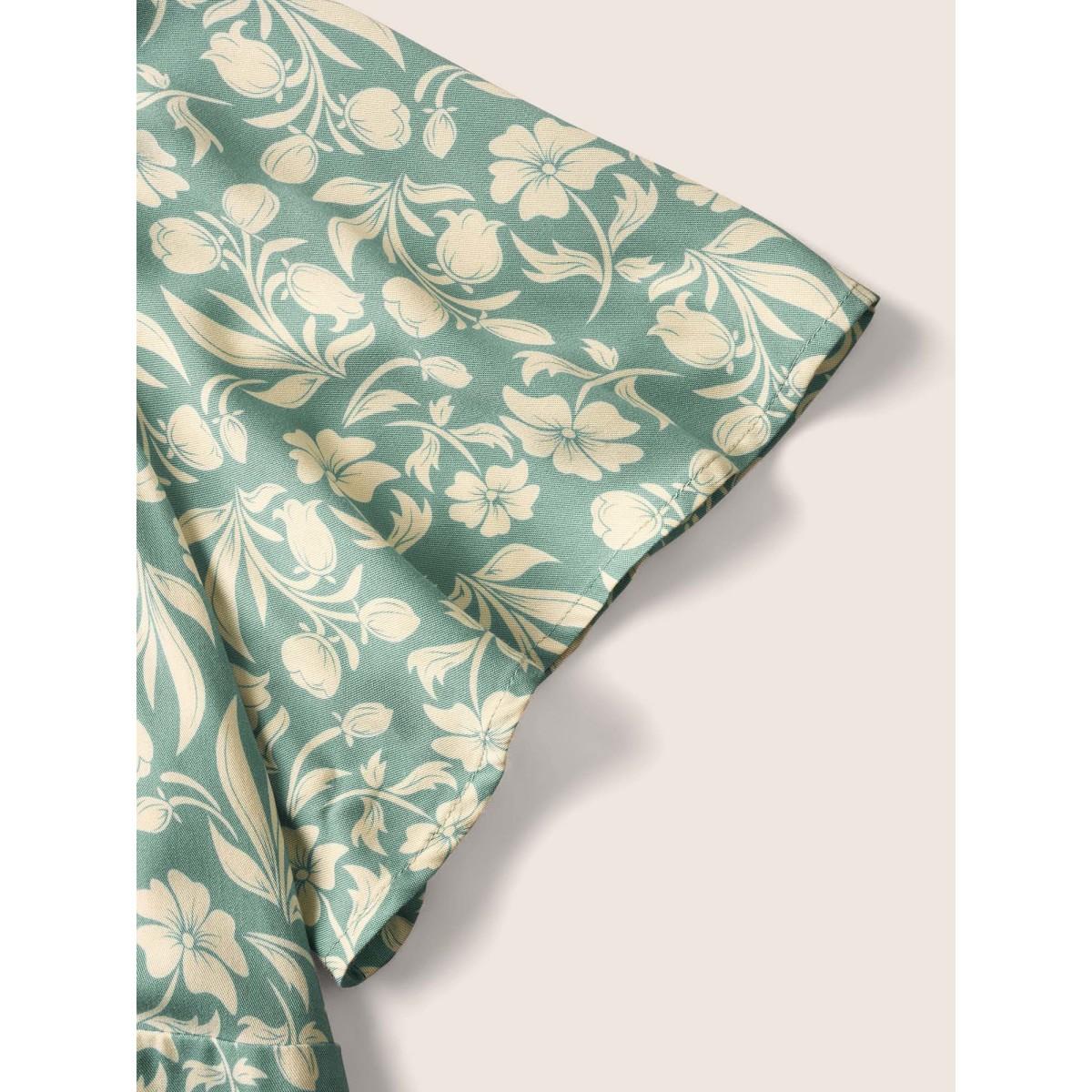 Plus Size Turquoise Floral Gathered Button Detail Flutter Sleeve Blouse Women Resort Short sleeve V-neck Vacation Blouses BloomChic 14-16/1X Product Image