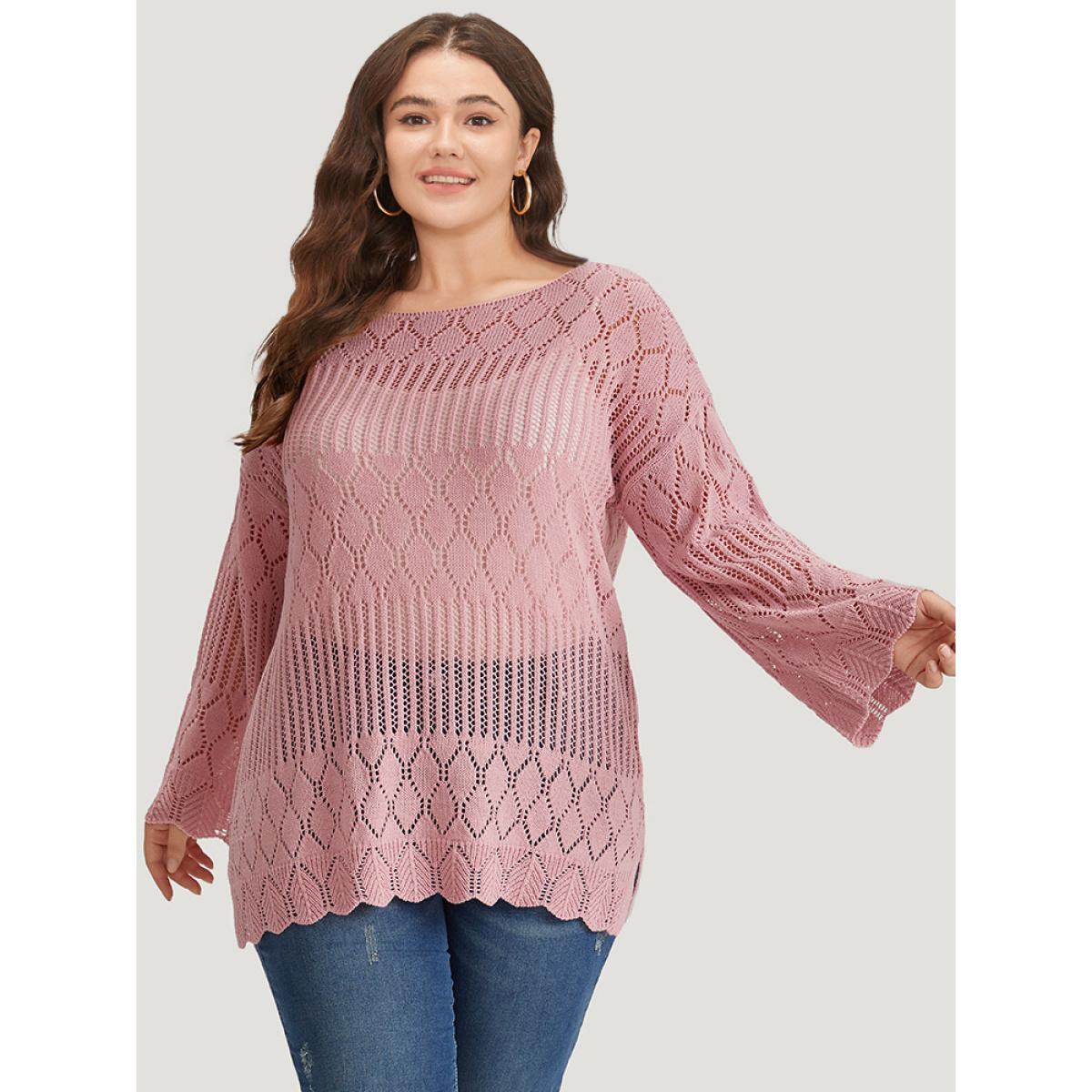 Plus Size Supersoft Essentials Hollow Out Split Side Bell Sleeve Pullover Watermelon Women Casual Loose Long Sleeve Round Neck Everyday Pullovers BloomChic 26/4X Product Image